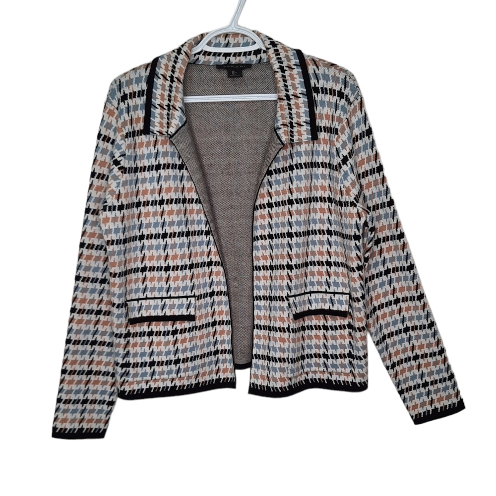 Tahari Open Front Knit Cardigan Sweater Blazer Houndstooth Womens Size Large